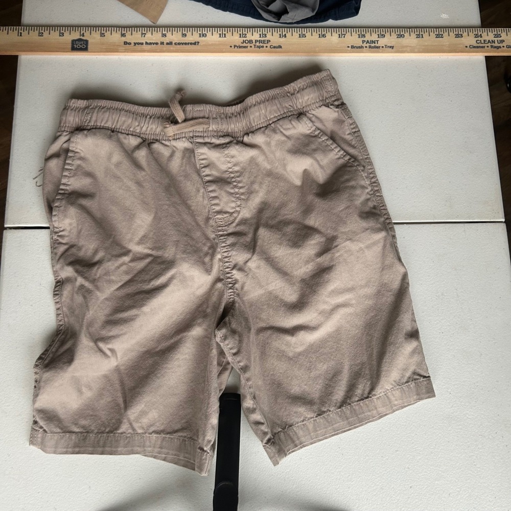 Lot 4 Pairs Boys Pull On Shorts Medium Navy Grey Khaki Tan Elastic Waist Cotton - Picture 6 of 11